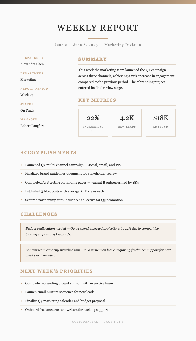 Elegant Sophisticated Weekly Report